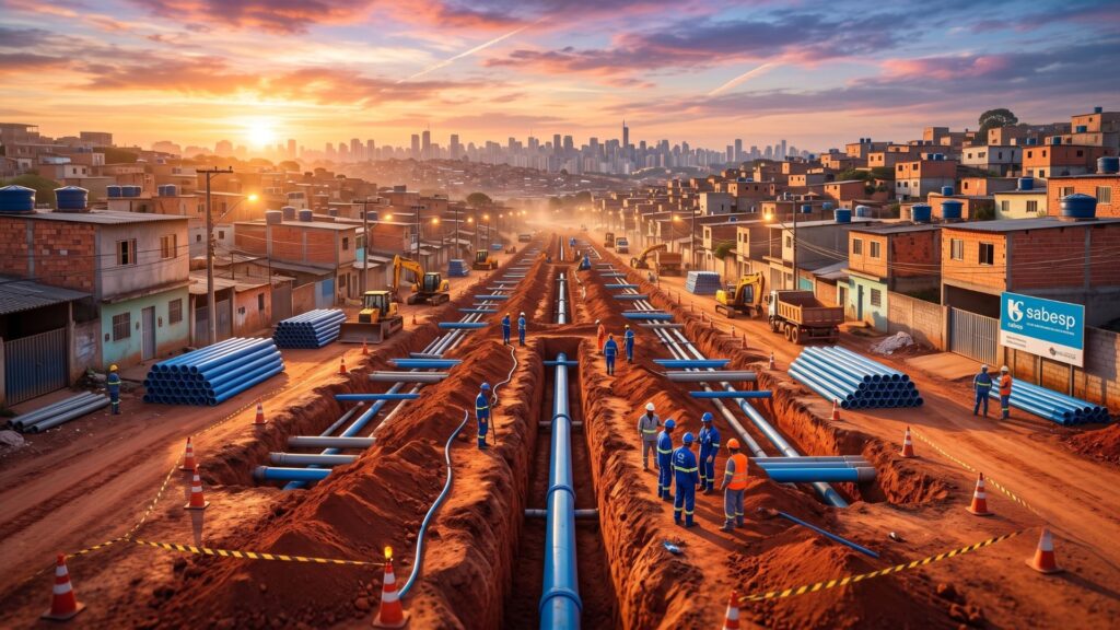 Obra de saneamento da Concrejato com trabalhadores instalando tubulações de água em grande vala no centro de bairro residencial da Grande São Paulo, ao entardecer, com a cidade ao fundo.