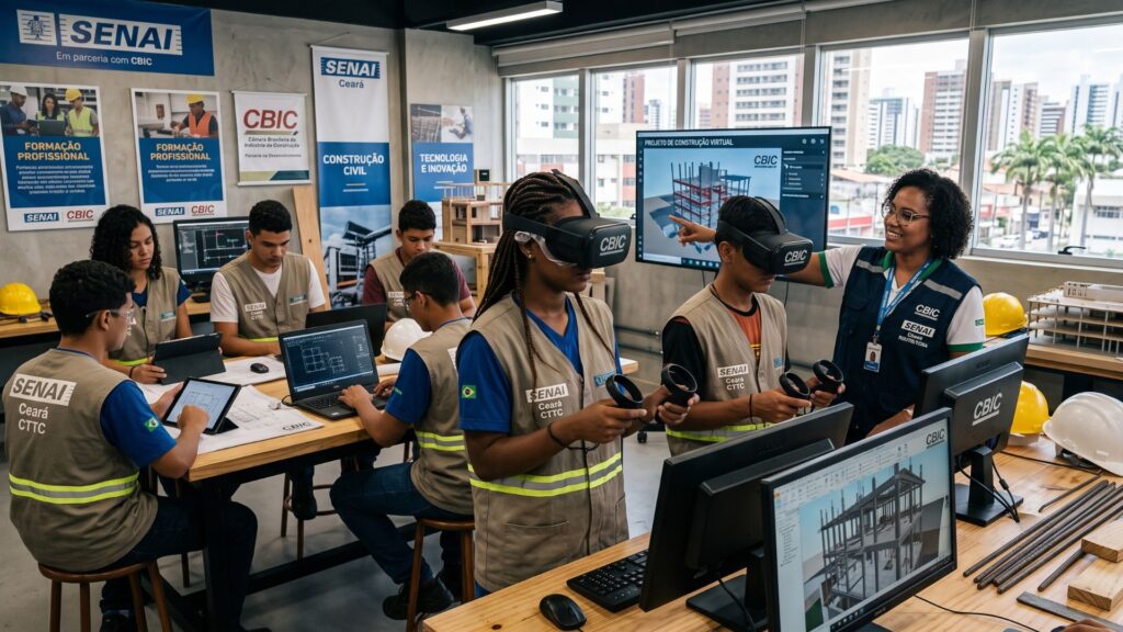 Estudantes de construção civil utilizam computadores e óculos de realidade virtual em sala de aula do SENAI, acompanhados por instrutora, com banners do SENAI e CBIC ao fundo, simbolizando inovação e qualificação profissional no setor.
