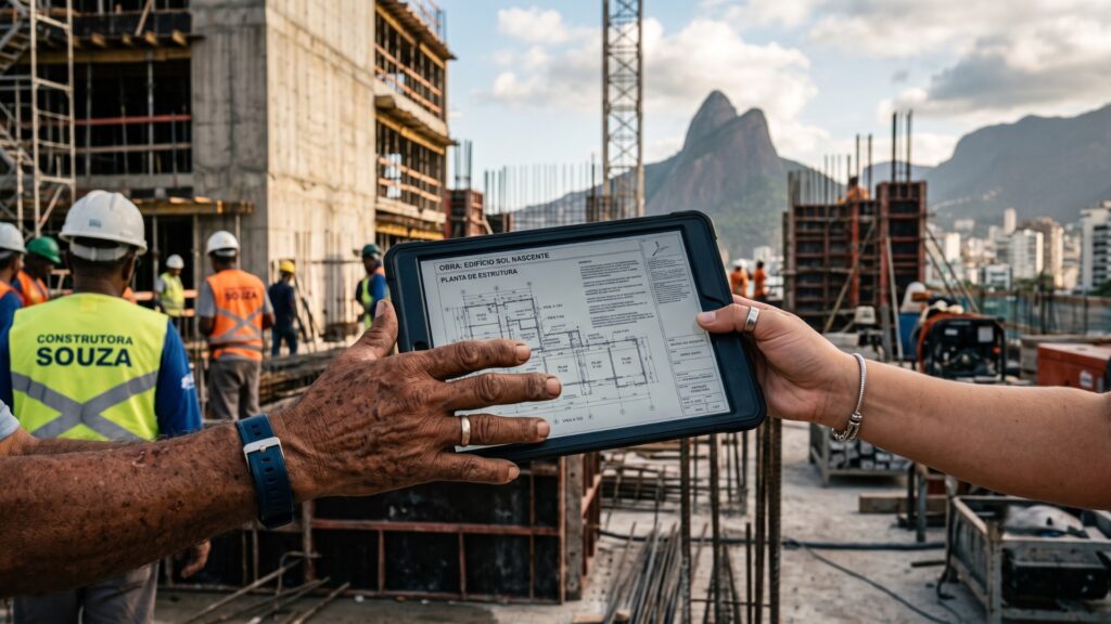 Mãos de profissionais seguram tablet com planta estrutural digital em canteiro de obras, com trabalhadores e edifício em construção ao fundo, representando tecnologia, colaboração e inovação na construção civil brasileira.