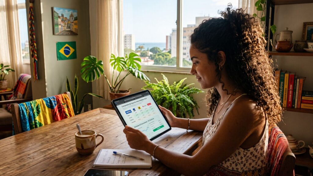 Mulher jovem compara taxas de financiamento imobiliário em um tablet, sentada à mesa em casa, com caderno, caneca e decoração brasileira ao fundo.
