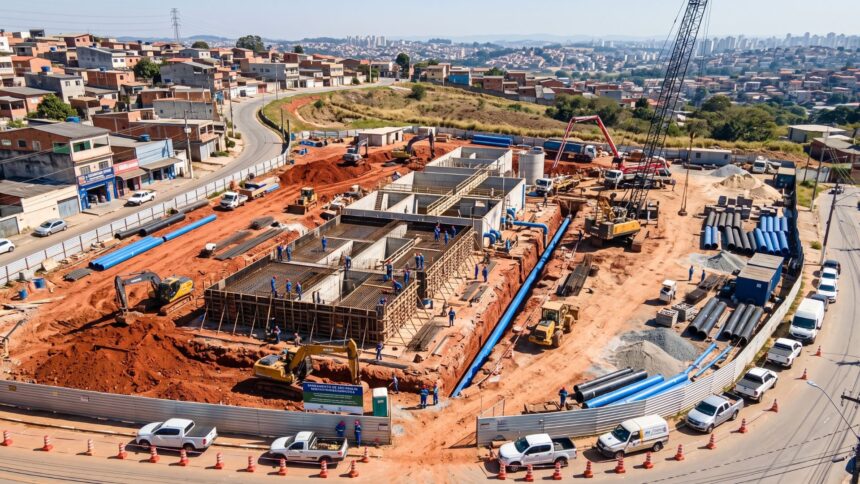 Obras de saneamento da Concrejato em andamento na Grande São Paulo, com trabalhadores instalando tubulações de água e máquinas pesadas em um canteiro cercado por bairros residenciais.