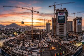 Canteiro de obras moderno com trabalhadores, gruas e prédios em construção, destacando as logomarcas da CBIC e do C3, ao entardecer, simbolizando inovação, qualificação e desafios da construção civil brasileira.