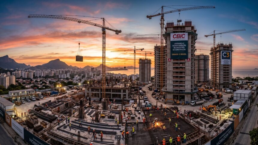 Canteiro de obras moderno com trabalhadores, gruas e prédios em construção, destacando as logomarcas da CBIC e do C3, ao entardecer, simbolizando inovação, qualificação e desafios da construção civil brasileira.