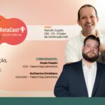 Banner do RotaCast #10 do C3 – O Clube da Construção Civil, com o tema "Industrialização, Gruas e Produtividade", apresentando os convidados Paulo Passini (CEO) e Guilherme Christians (Consultor) da Passini Equipamentos, ao lado do host Rodolfo Zagallo (CEO do C3), sobre fundo em tons claros e logotipo do podcast.