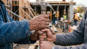 Mãos de trabalhadores de diferentes idades segurando juntas um martelo em um canteiro de obras, simbolizando a passagem de conhecimento entre gerações na construção civil. Imagem Ilustrativa criada pela Equipe C3.