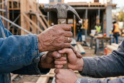 Mãos de trabalhadores de diferentes idades segurando juntas um martelo em um canteiro de obras, simbolizando a passagem de conhecimento entre gerações na construção civil. Imagem Ilustrativa criada pela Equipe C3.