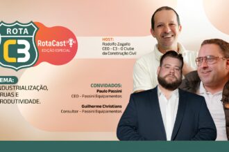 Banner do RotaCast #10 do C3 – O Clube da Construção Civil, com o tema "Industrialização, Gruas e Produtividade", apresentando os convidados Paulo Passini (CEO) e Guilherme Christians (Consultor) da Passini Equipamentos, ao lado do host Rodolfo Zagallo (CEO do C3), sobre fundo em tons claros e logotipo do podcast.