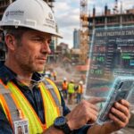 Construction manager analyzing digital data on a modern construction site, with AI interface elements overlayed, representing the integration of artificial intelligence in the construction industry.