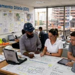 Equipe de engenharia realiza reunião de planejamento com plantas e cronogramas em escritório de obra, aplicando práticas de Gerenciamento Diário (GD), com canteiro de obras visível ao fundo.