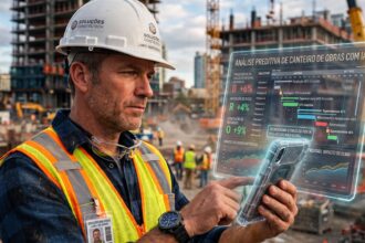 Construction manager analyzing digital data on a modern construction site, with AI interface elements overlayed, representing the integration of artificial intelligence in the construction industry.