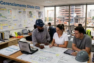 Equipe de engenharia realiza reunião de planejamento com plantas e cronogramas em escritório de obra, aplicando práticas de Gerenciamento Diário (GD), com canteiro de obras visível ao fundo.