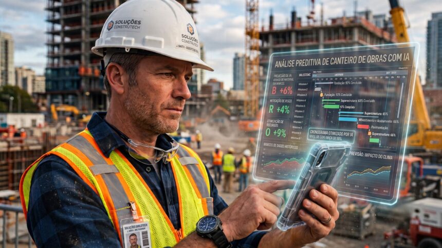 Construction manager analyzing digital data on a modern construction site, with AI interface elements overlayed, representing the integration of artificial intelligence in the construction industry.