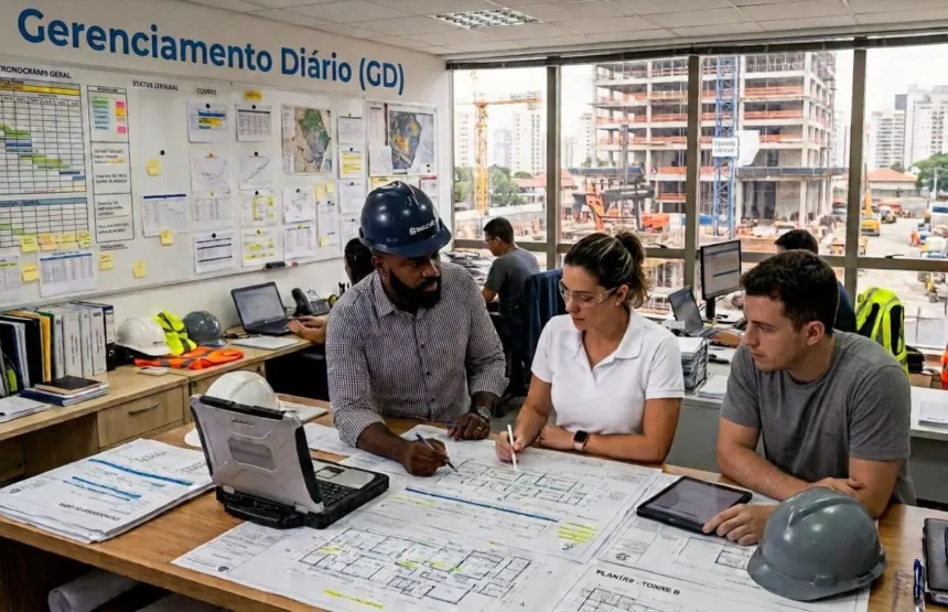Equipe de engenharia realiza reunião de planejamento com plantas e cronogramas em escritório de obra, aplicando práticas de Gerenciamento Diário (GD), com canteiro de obras visível ao fundo.