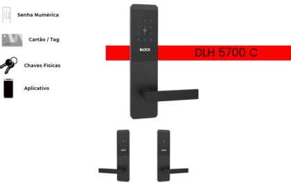 Fechadura eletrônica Dlock Hospitality modelo DLH 5700 C, com opções de acesso por senha numérica, cartão/tag, chaves físicas e aplicativo.
