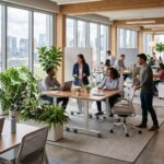 Ambiente corporativo moderno com elementos de biofilia, mobiliário flexível e iluminação natural, representando a flexibilidade e adaptação dos escritórios projetados pela Space.