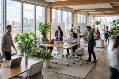 Ambiente corporativo moderno com elementos de biofilia, mobiliário flexível e iluminação natural, representando a flexibilidade e adaptação dos escritórios projetados pela Space.