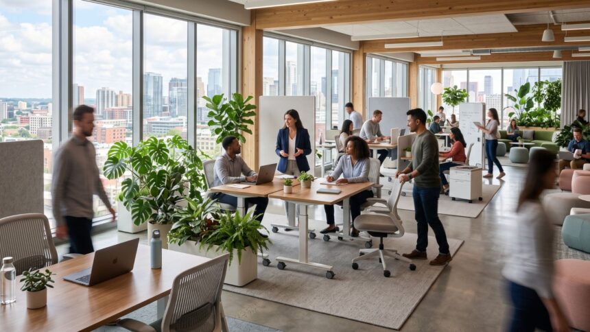 Ambiente corporativo moderno com elementos de biofilia, mobiliário flexível e iluminação natural, representando a flexibilidade e adaptação dos escritórios projetados pela Space.