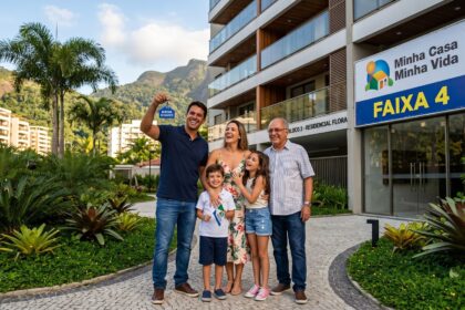 Família brasileira de classe média recebe as chaves do novo apartamento financiado pela Faixa 4 do Minha Casa Minha Vida, sorrindo em frente ao prédio moderno.