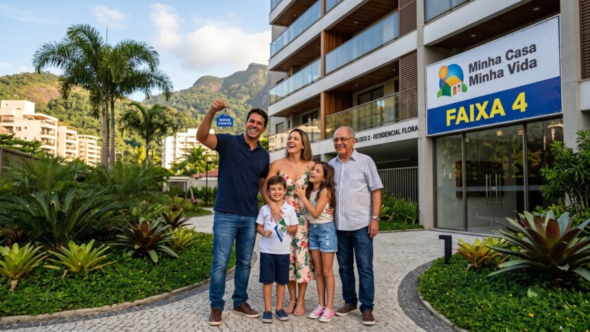 Família brasileira de classe média recebe as chaves do novo apartamento financiado pela Faixa 4 do Minha Casa Minha Vida, sorrindo em frente ao prédio moderno.