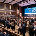 Auditório lotado com profissionais da construção civil assistindo a um painel sobre industrialização da alvenaria estrutural, com painelistas no palco e logomarcas de patrocinadores ao fundo.