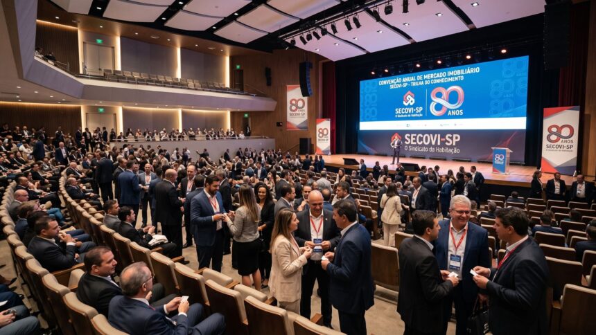 Auditório lotado com profissionais da construção civil assistindo a um painel sobre industrialização da alvenaria estrutural, com painelistas no palco e logomarcas de patrocinadores ao fundo.