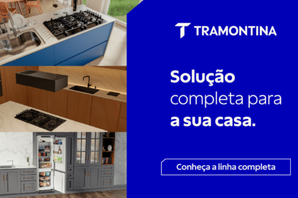 Ambientes de cozinha modernos equipados com eletrodomésticos Tramontina, incluindo cooktops, pias, coifas e refrigeradores, com destaque para soluções completas em design e tecnologia no showroom de Alphaville, SP.