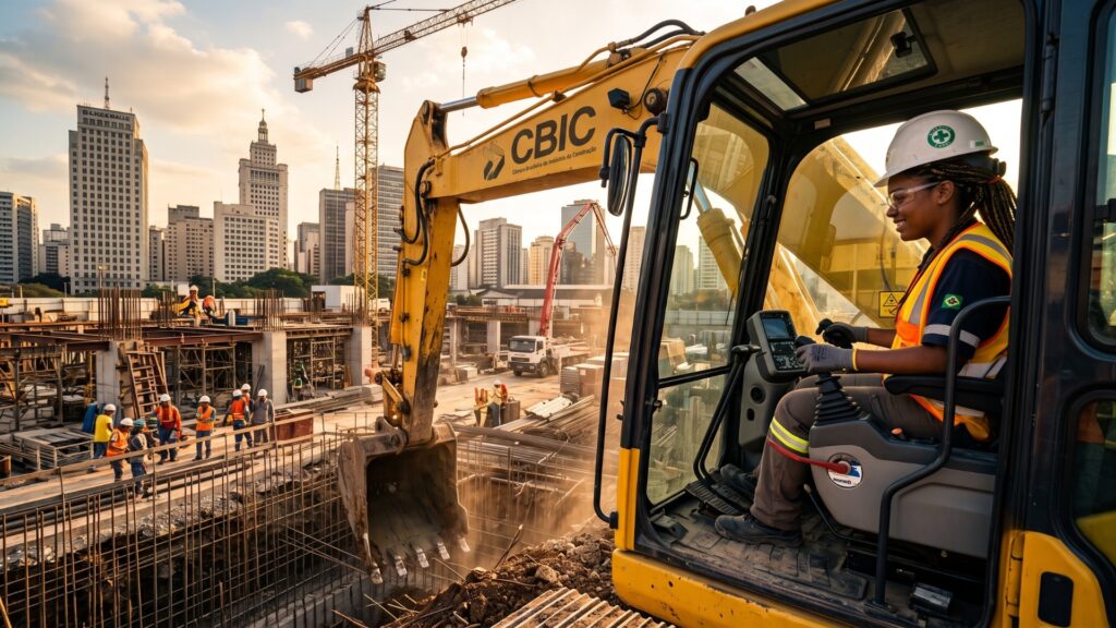 Engenheira opera escavadeira em canteiro de obras urbano, utilizando EPI, com prédios ao fundo e equipe de profissionais, simbolizando inovação, tecnologia e diversidade de gênero na construção civil.