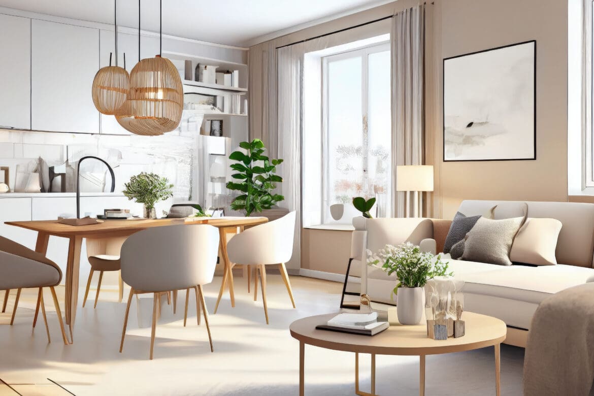 Imagem de um grande apartamento com paredes de cores claras, um sofá com almofadas, uma mesa com 3 cadeiras e uma pia.